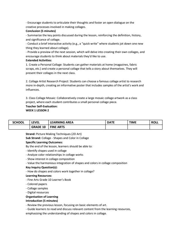 Page 2 – Grade 10 Fine Arts Lesson Plans Term 2 – Kenyaplex
