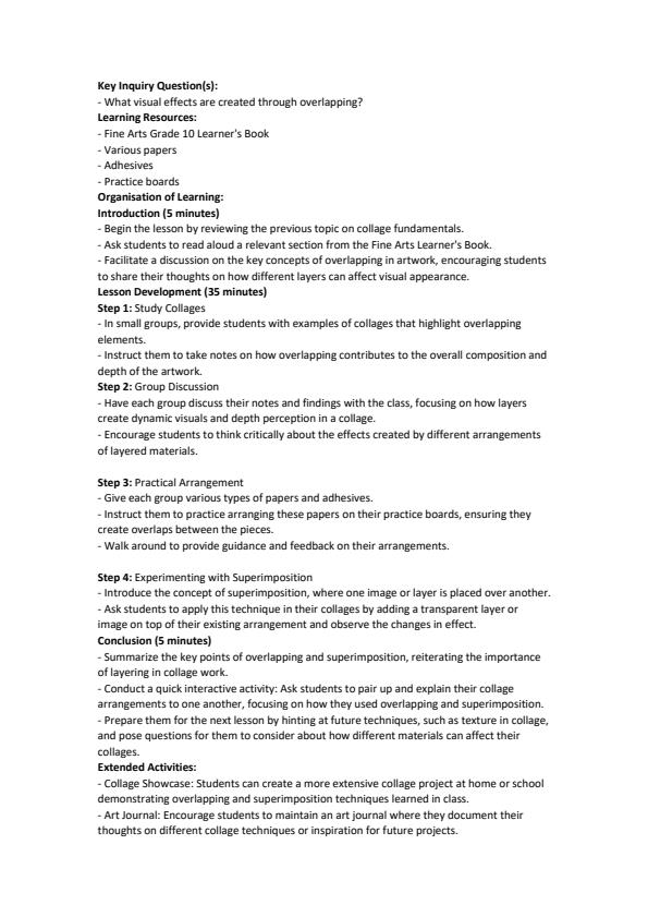 Page 4 – Grade 10 Fine Arts Lesson Plans Term 2 – Kenyaplex
