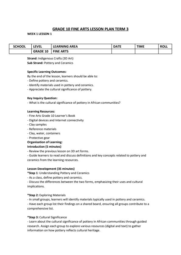 Page 1 – Grade 10 Fine Arts Lesson Plans Term 3 – Kenyaplex