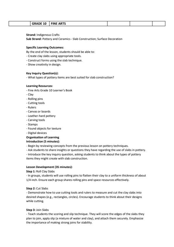 Page 4 – Grade 10 Fine Arts Lesson Plans Term 3 – Kenyaplex