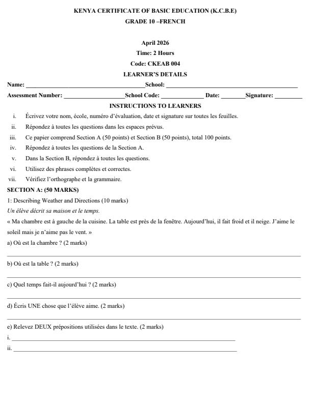 Page 1 – Grade 10 French April 2026 Holiday Assignment – Kenyaplex