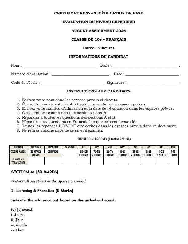 Page 1 – Grade 10 French August 2026 Holiday Assignment – Kenyaplex