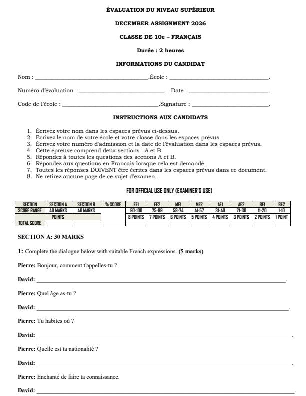 Page 1 – Grade 10 French December 2026 Holiday Assignment – Kenyaplex