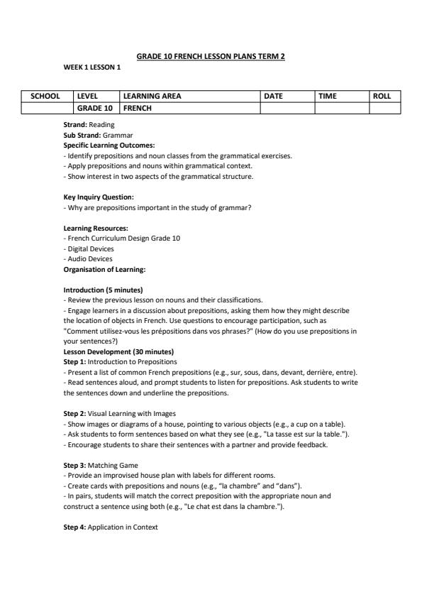 Page 1 – Grade 10 French Lesson Plans Term 3 – Kenyaplex