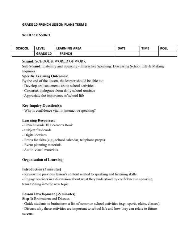 Page 1 – Grade 10 French Lesson Plans Term 3 – Kenyaplex