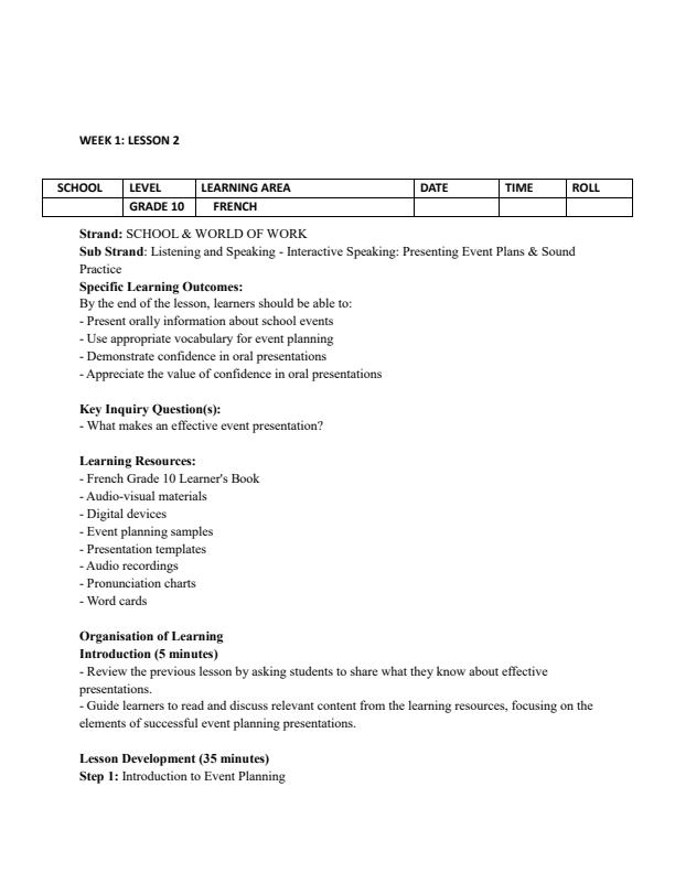 Page 3 – Grade 10 French Lesson Plans Term 3 – Kenyaplex