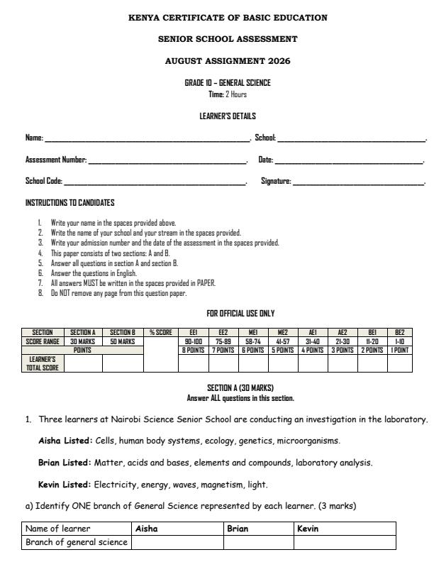 Page 1 – Grade 10 General Science August 2026 Holiday Assignment – Kenyaplex