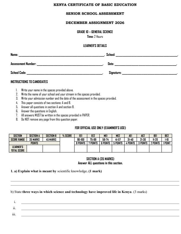 Page 1 – Grade 10 General Science December 2026 Holiday Assignment – Kenyaplex