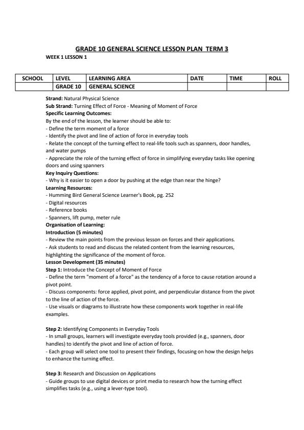 Page 1 – Grade 10 General Science Lesson Plans Term 3 - Hummingbird – Kenyaplex