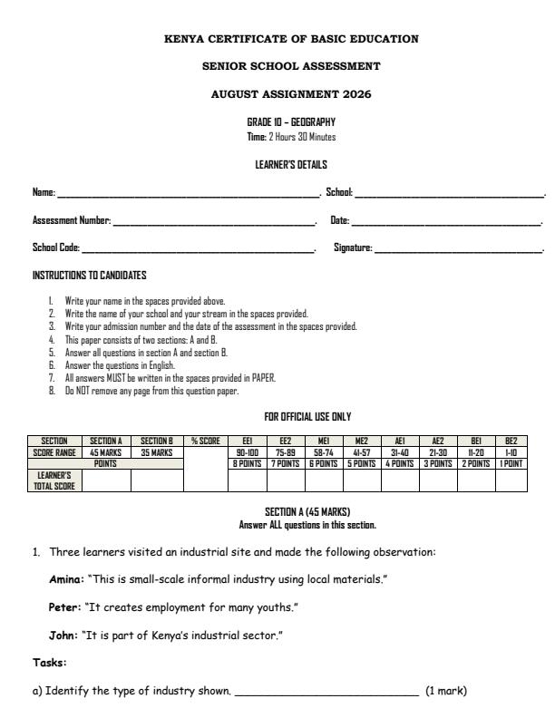 Page 1 – Grade 10 Geography August 2026 Holiday Assignment – Kenyaplex