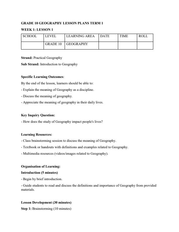 Page 1 – Grade 10 Geography Lesson Plans Term 1 – Kenyaplex