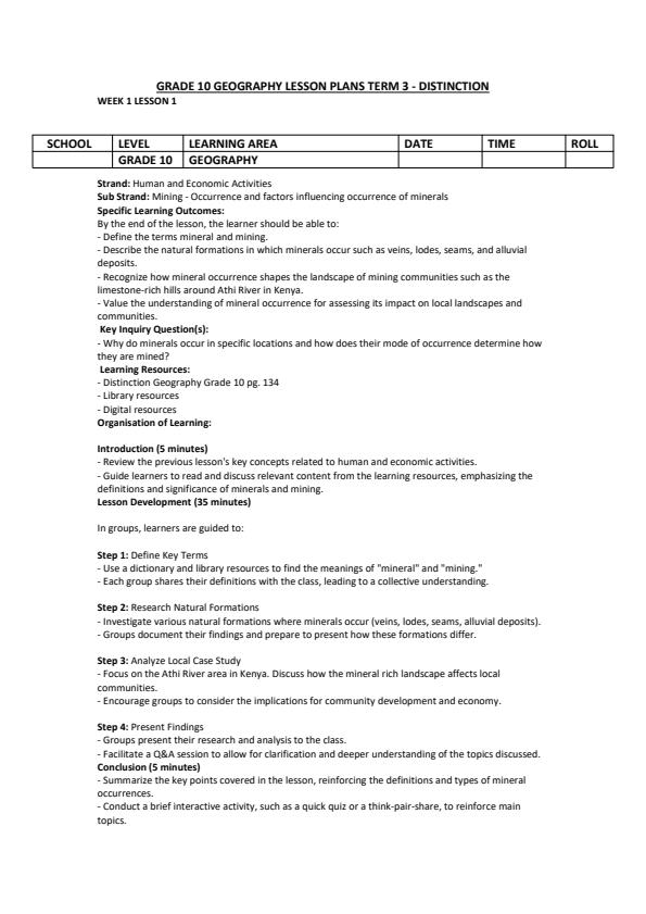 Page 1 – Grade 10 Geography Lesson Plans Term 3 - Distinction – Kenyaplex
