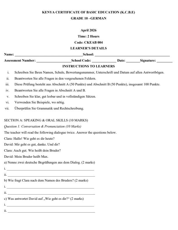 Page 1 – Grade 10 German April 2026 Holiday Assignment – Kenyaplex
