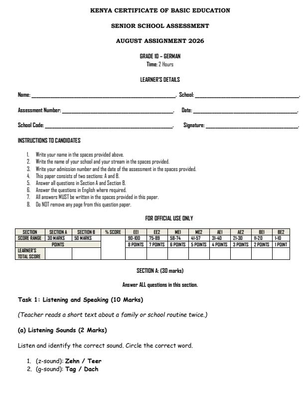 Page 1 – Grade 10 German August 2026 Holiday Assignment – Kenyaplex
