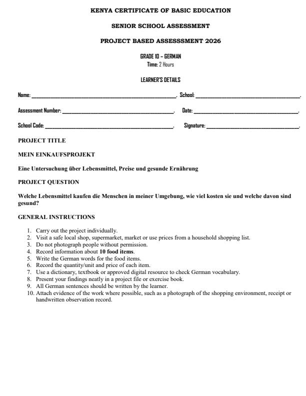 Page 1 – Grade 10 German December 2026 Holiday Assignment – Kenyaplex