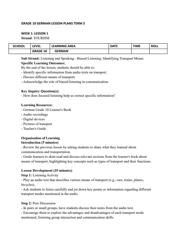 Page 1 – Grade 10 German Lesson Plans Term 3 – Kenyaplex