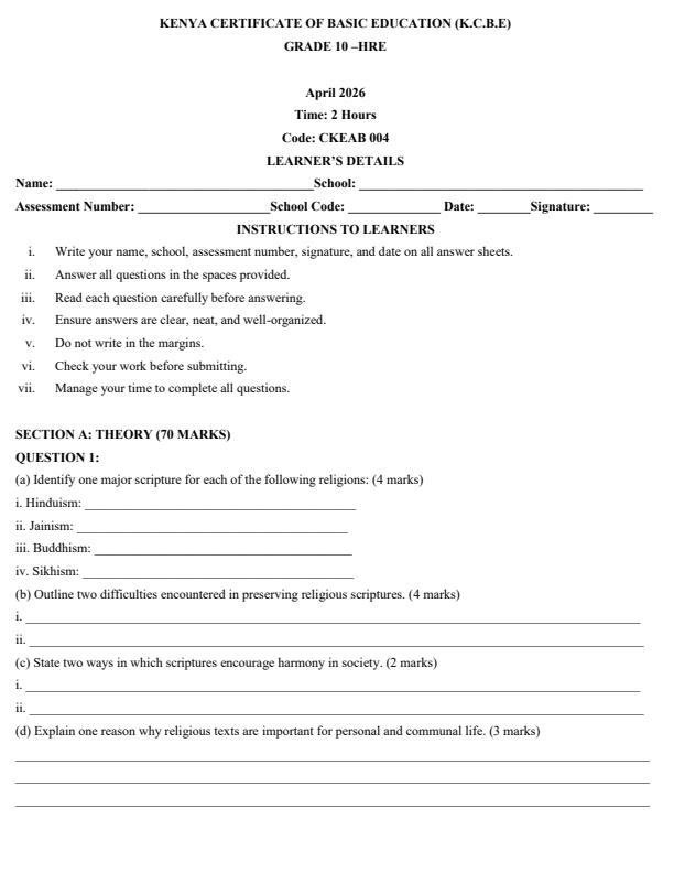 Page 1 – Grade 10 Hindu Religious Education April 2026 Holiday Assignment – Kenyaplex