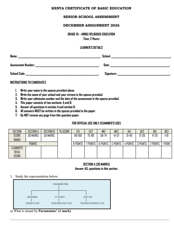 Page 1 – Grade 10 Hindu Religious Education December 2026 Holiday Assignment – Kenyaplex