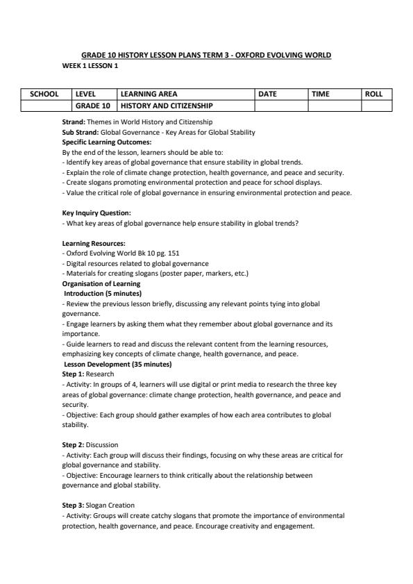 Page 1 – Grade 10 History Lesson Plans Term 3 - Oxford Evolving World – Kenyaplex