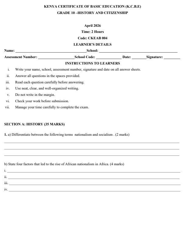 Page 1 – Grade 10 History and Citizenship April 2026 Holiday assignment – Kenyaplex