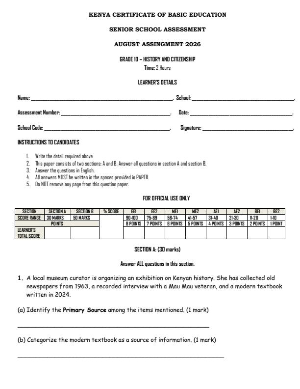 Page 1 – Grade 10 History and Citizenship August 2026 Holiday Assignment – Kenyaplex