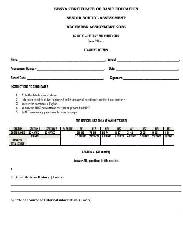 Page 1 – Grade 10 History and Citizenship December 2026 Holiday Assignment – Kenyaplex