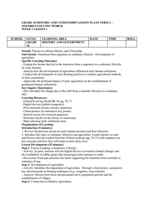 Page 1 – Grade 10 History and Citizenship Leson Plans Term 2 - Oxford Evolving World – Kenyaplex