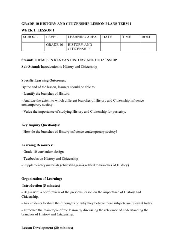 Page 1 – Grade 10 History and Citizenship Lesson Plans Term 1 – Kenyaplex