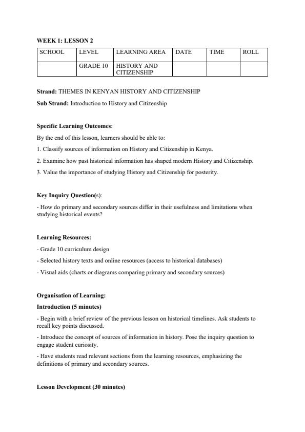 Page 4 – Grade 10 History and Citizenship Lesson Plans Term 1 – Kenyaplex