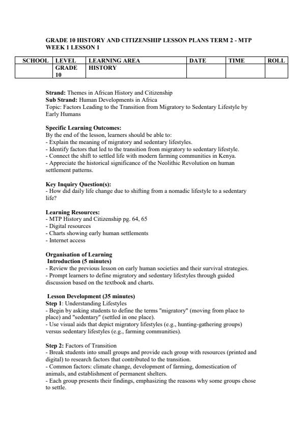 Page 1 – Grade 10 History and Citizenship Lesson Plans Term 2 - MTP – Kenyaplex