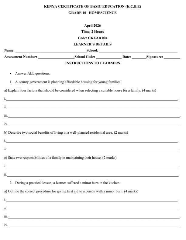 Page 1 – Grade 10 Home Science April 2026 Holiday Assignment – Kenyaplex