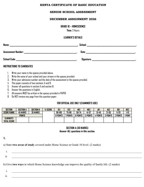 Page 1 – Grade 10 Home Science December 2026 Holiday Assignment – Kenyaplex