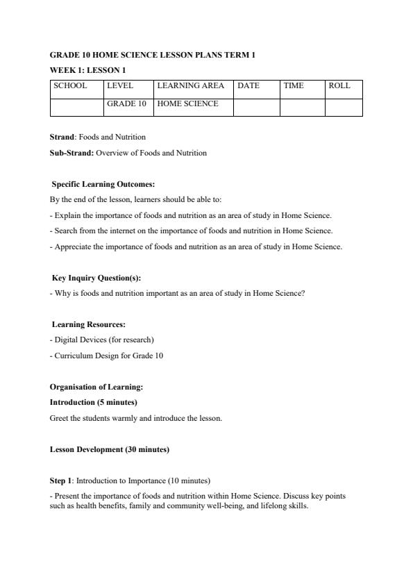 Page 1 – Grade 10 Home Science Lesson Plans Term 1 – Kenyaplex