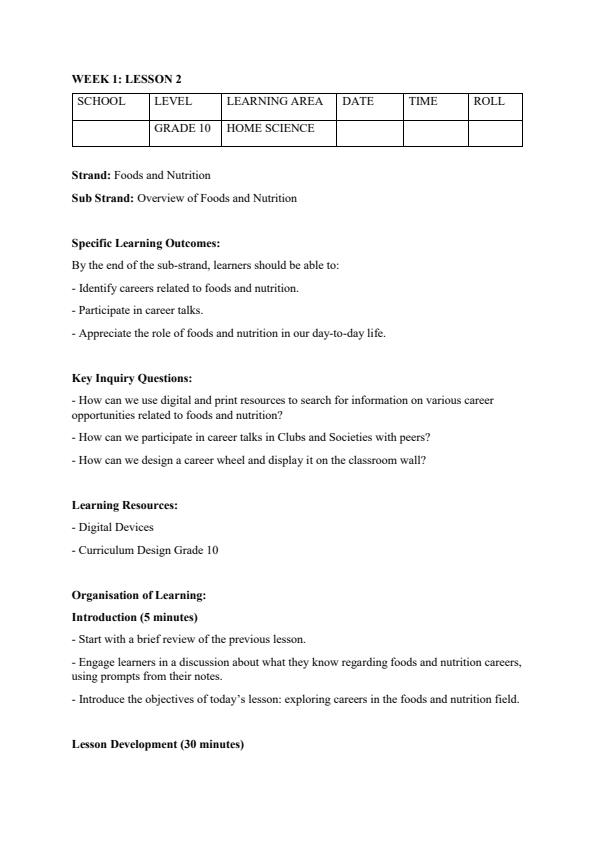 Page 3 – Grade 10 Home Science Lesson Plans Term 1 – Kenyaplex
