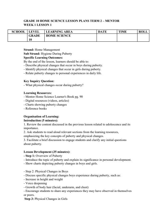 Page 1 – Grade 10 Home Science Lesson Plans Term 2 - Mentor – Kenyaplex