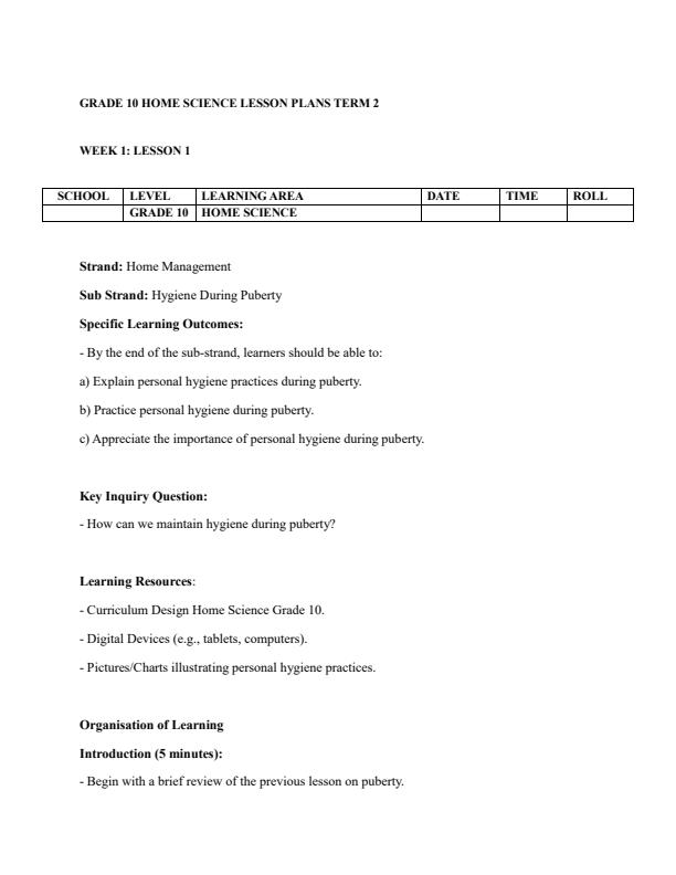 Page 1 – Grade 10 Home Science Lesson Plans Term 2 – Kenyaplex