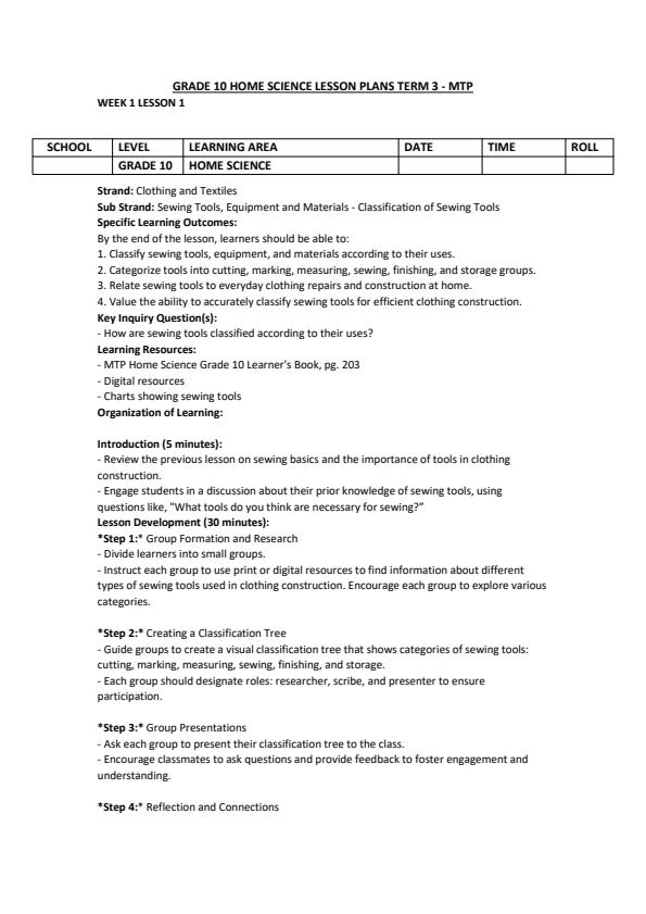 Page 1 – Grade 10 Home Science Lesson Plans Term 3 -MTP – Kenyaplex