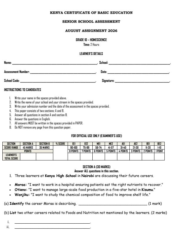 Page 1 – Grade 10 HomeScience August 2026 Holiday Assignment – Kenyaplex