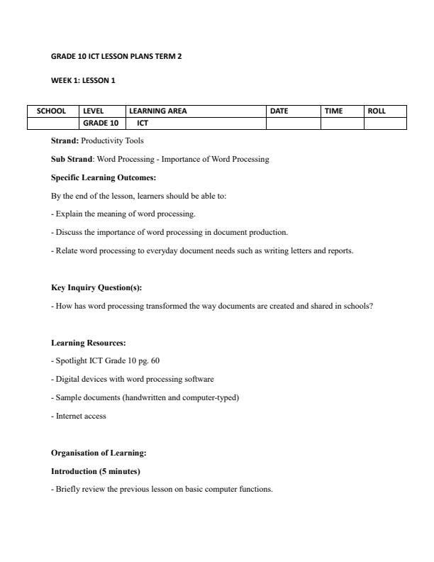 Page 1 – Grade 10 ICT Lesson Plans Term 2 - Spotlight – Kenyaplex