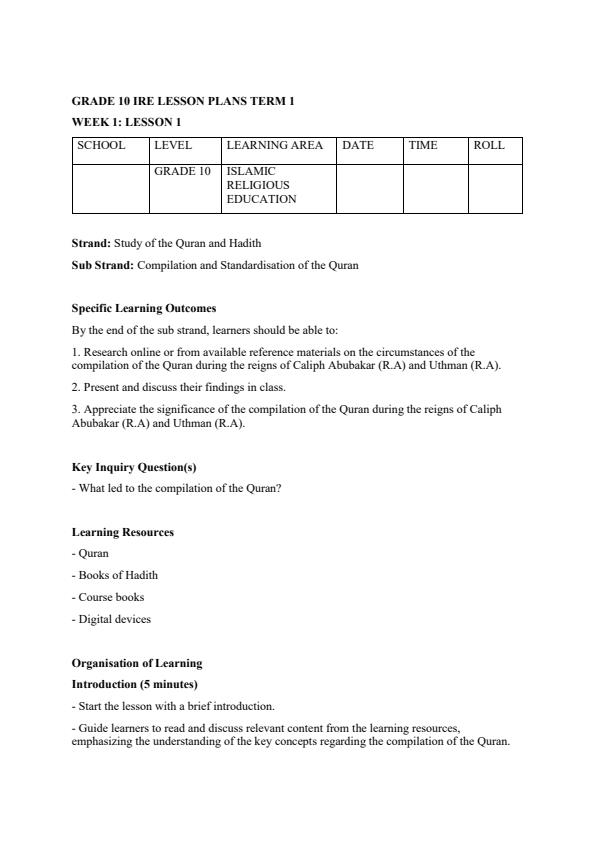 Page 1 – Grade 10 IRE Lesson Plans Term 1 – Kenyaplex