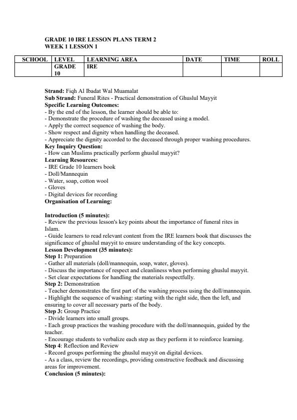 Page 1 – Grade 10 IRE Lesson Plans Term 2 – Kenyaplex