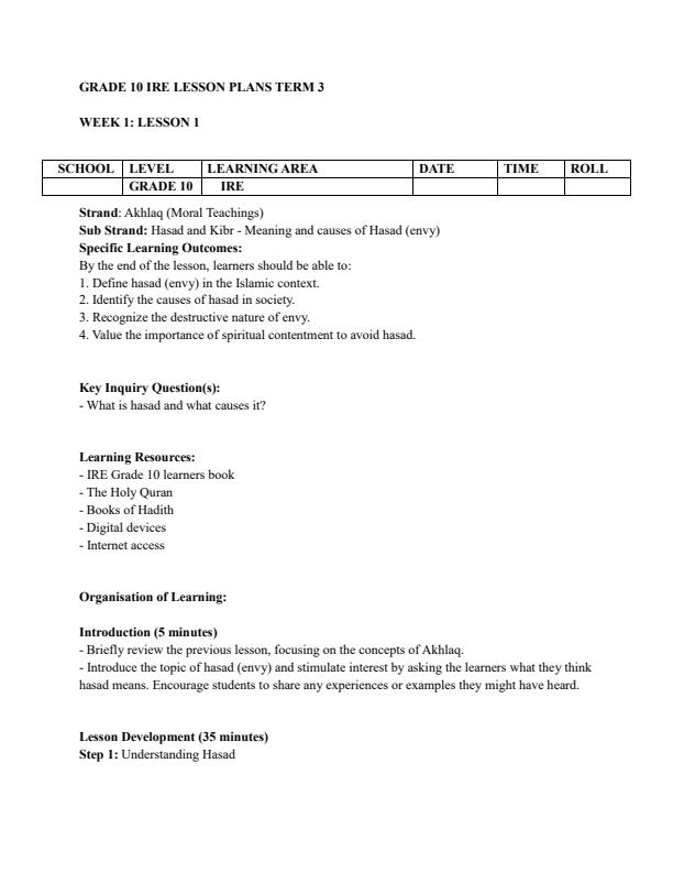 Page 1 – Grade 10 IRE Lesson Plans Term 3 – Kenyaplex