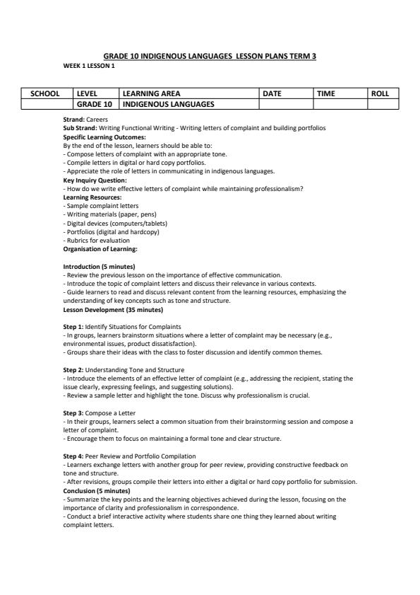 Page 1 – Grade 10 Indigenous Languages Lesson Plans Term 3  – Kenyaplex