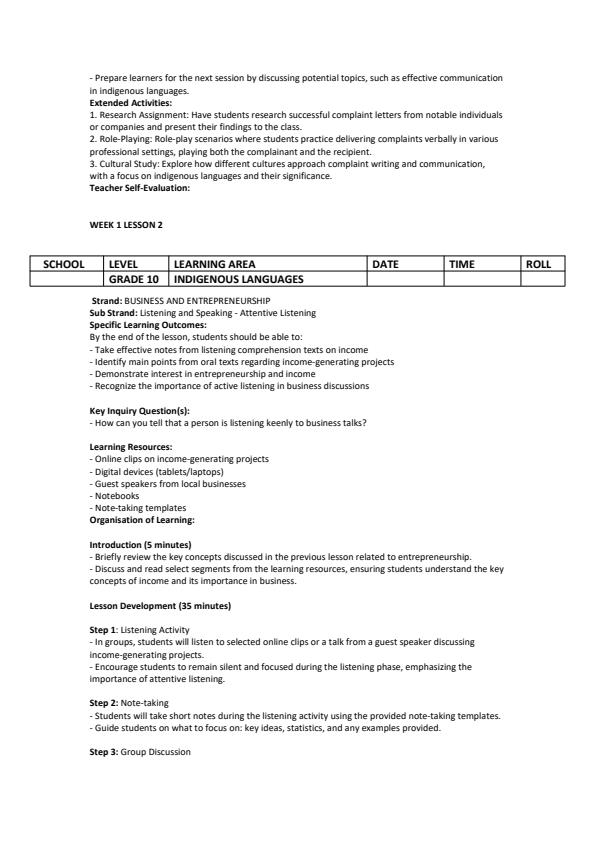 Page 2 – Grade 10 Indigenous Languages Lesson Plans Term 3  – Kenyaplex