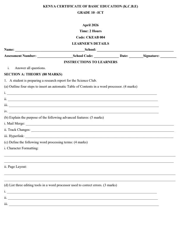 Page 1 – Grade 10 Information Communication Technology April 2026 Holiday Assignment – Kenyaplex