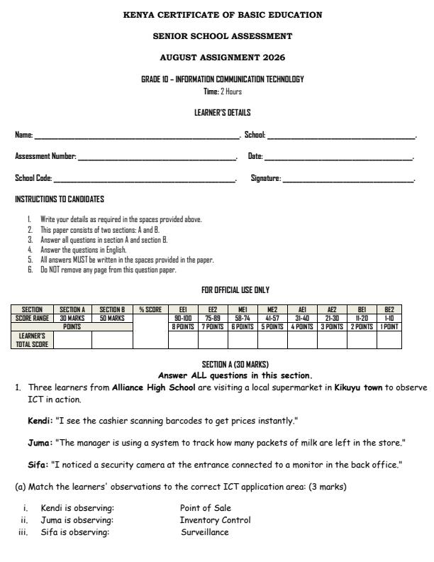 Page 1 – Grade 10 Information Communication Technology August 2026 Holiday Assignment – Kenyaplex