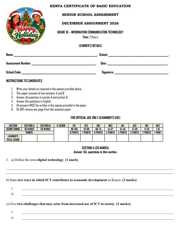 Page 1 – Grade 10 Information Communication Technology December 2026 Holiday Assignment  – Kenyaplex