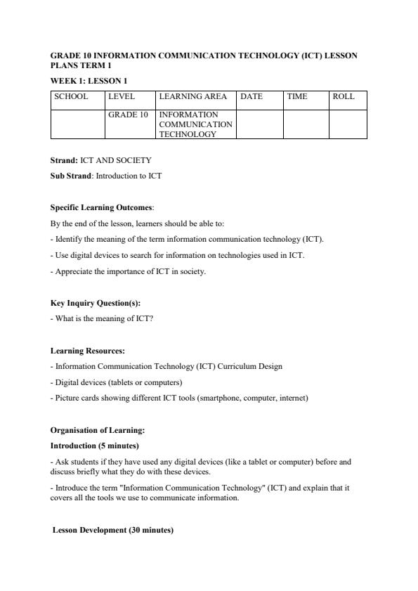 Page 1 – Grade 10 Information Communication Technology (ICT) Lesson Plans Term 1 – Kenyaplex