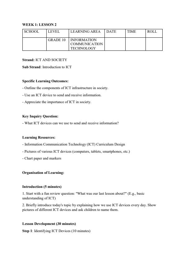 Page 3 – Grade 10 Information Communication Technology (ICT) Lesson Plans Term 1 – Kenyaplex