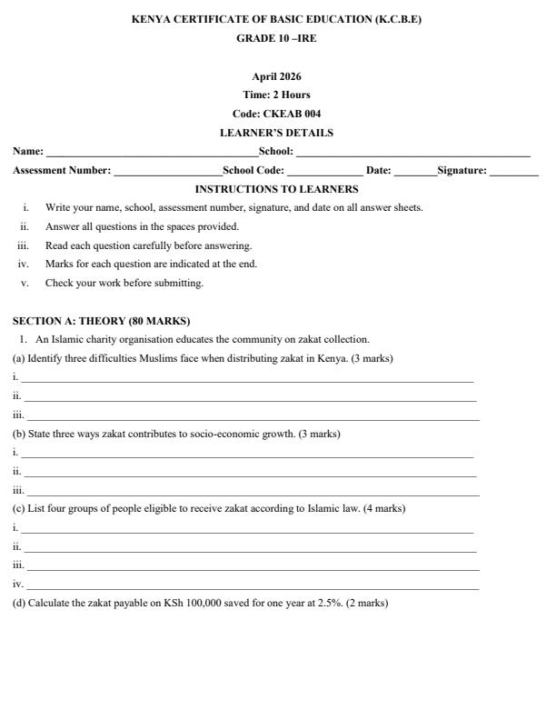 Page 1 – Grade 10 Islamic Religious Education April 2026 Holiday Assignment – Kenyaplex